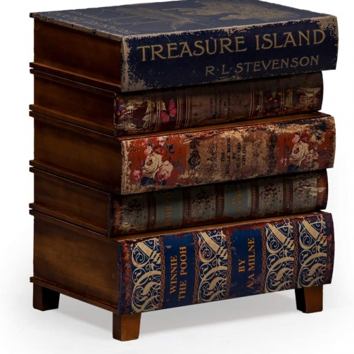 Antiqued stacked childrens books side cabinet