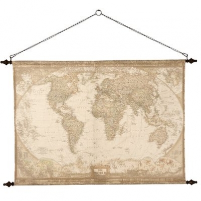 Large antiqued wall hanging canvas wold map